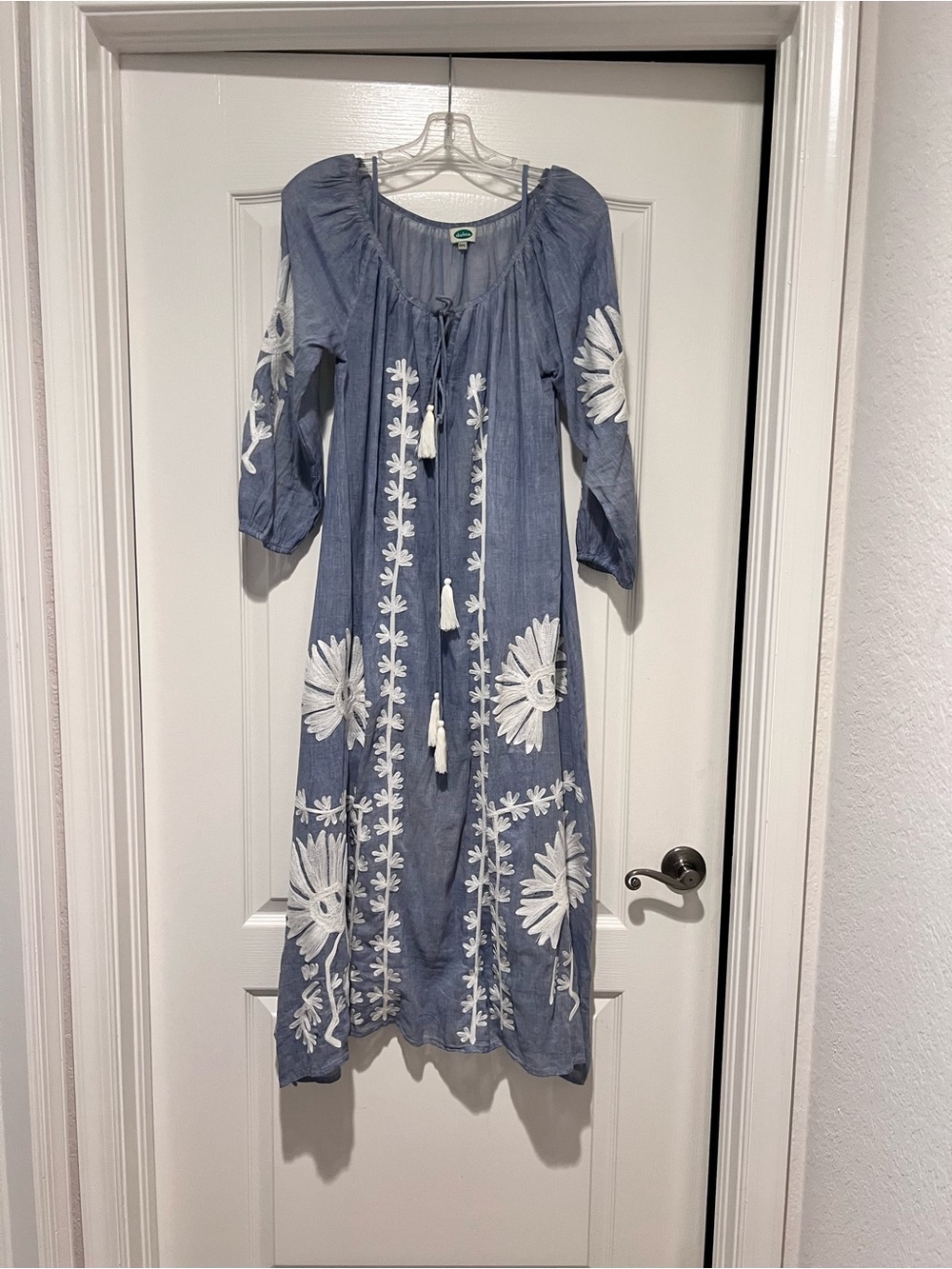 Light Blue Embroidered Midi Dress with Tassel Ties